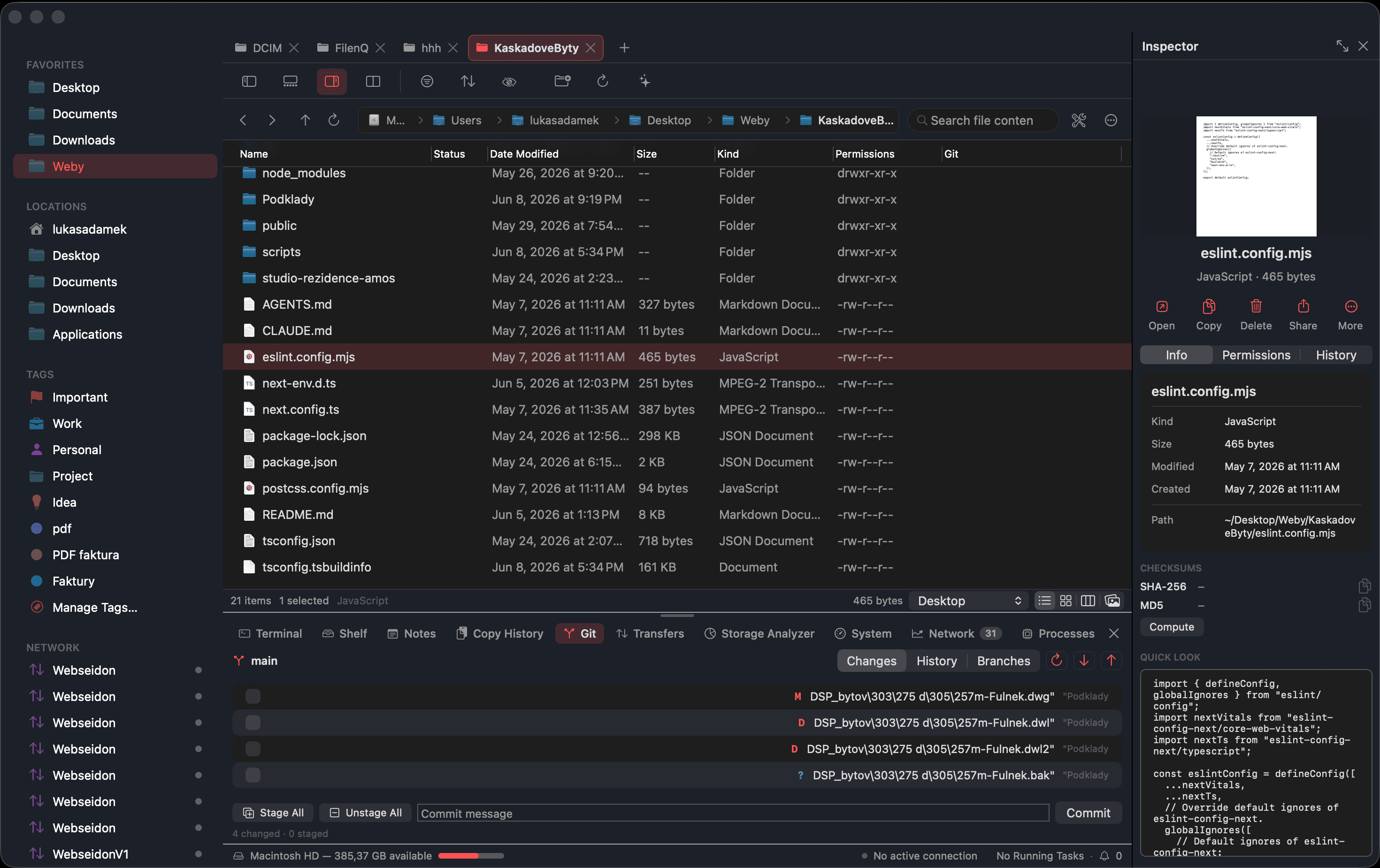 Git panel staging and committing changes, with a code preview in the inspector