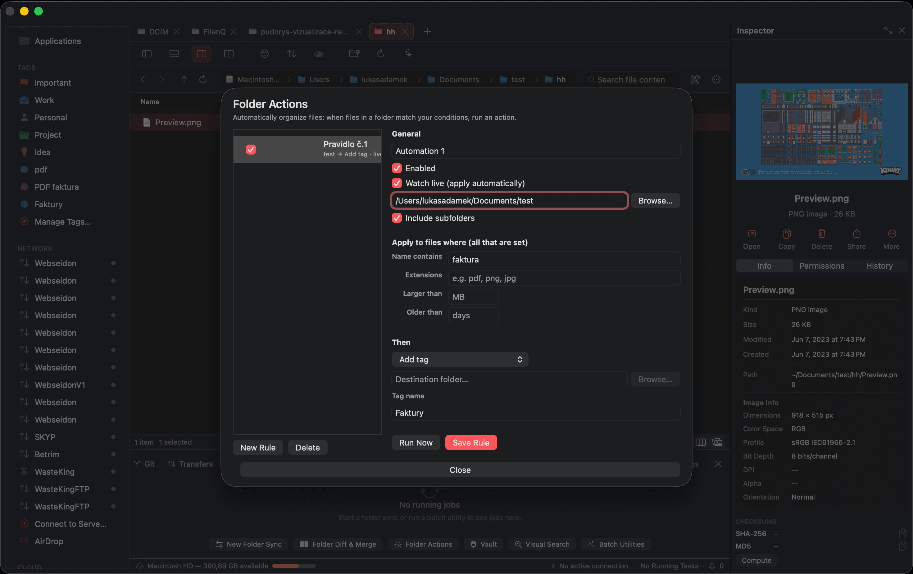 Folder Actions automation rule that automatically tags matching files