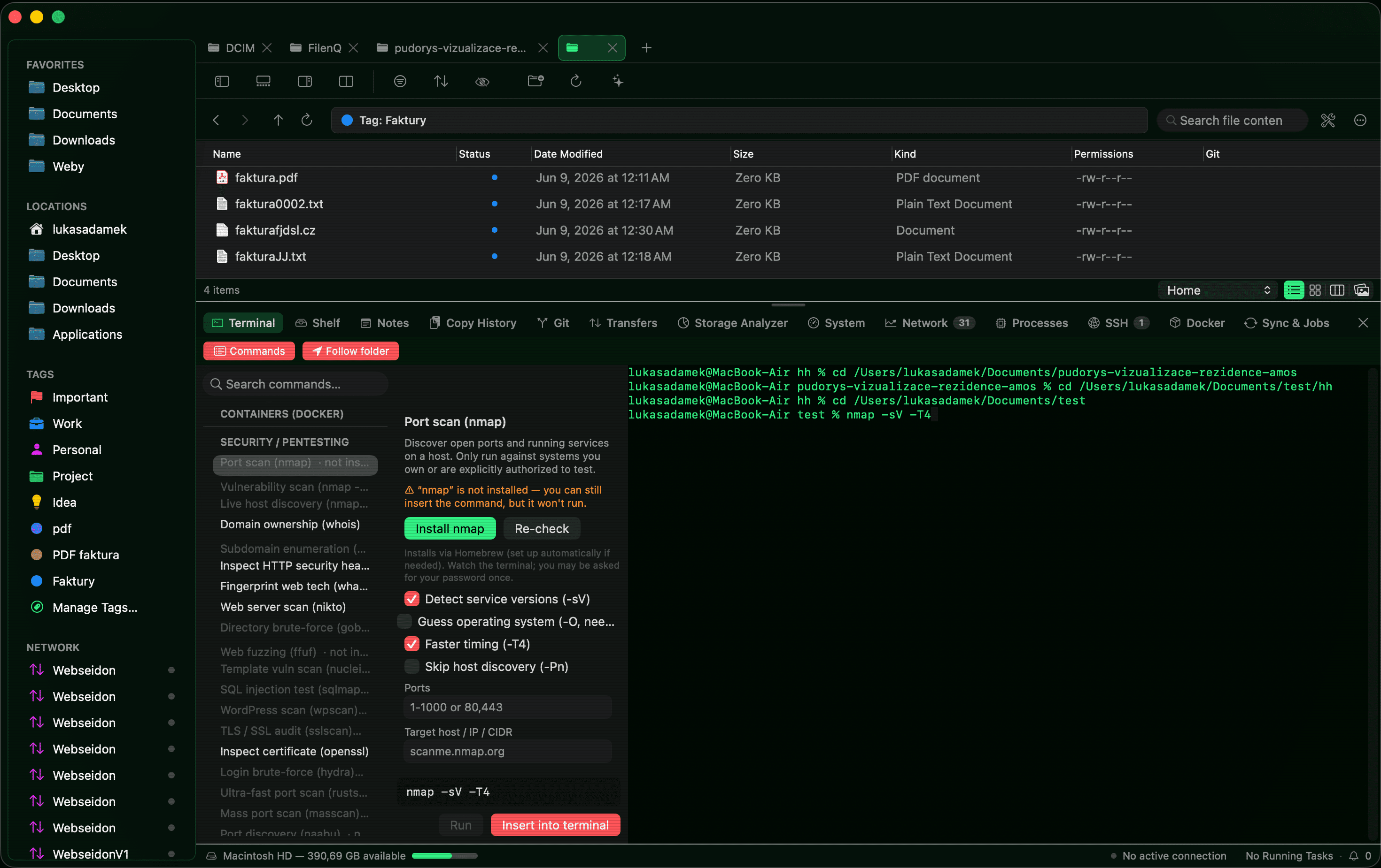Security command presets with a safety note and a prerequisite installer