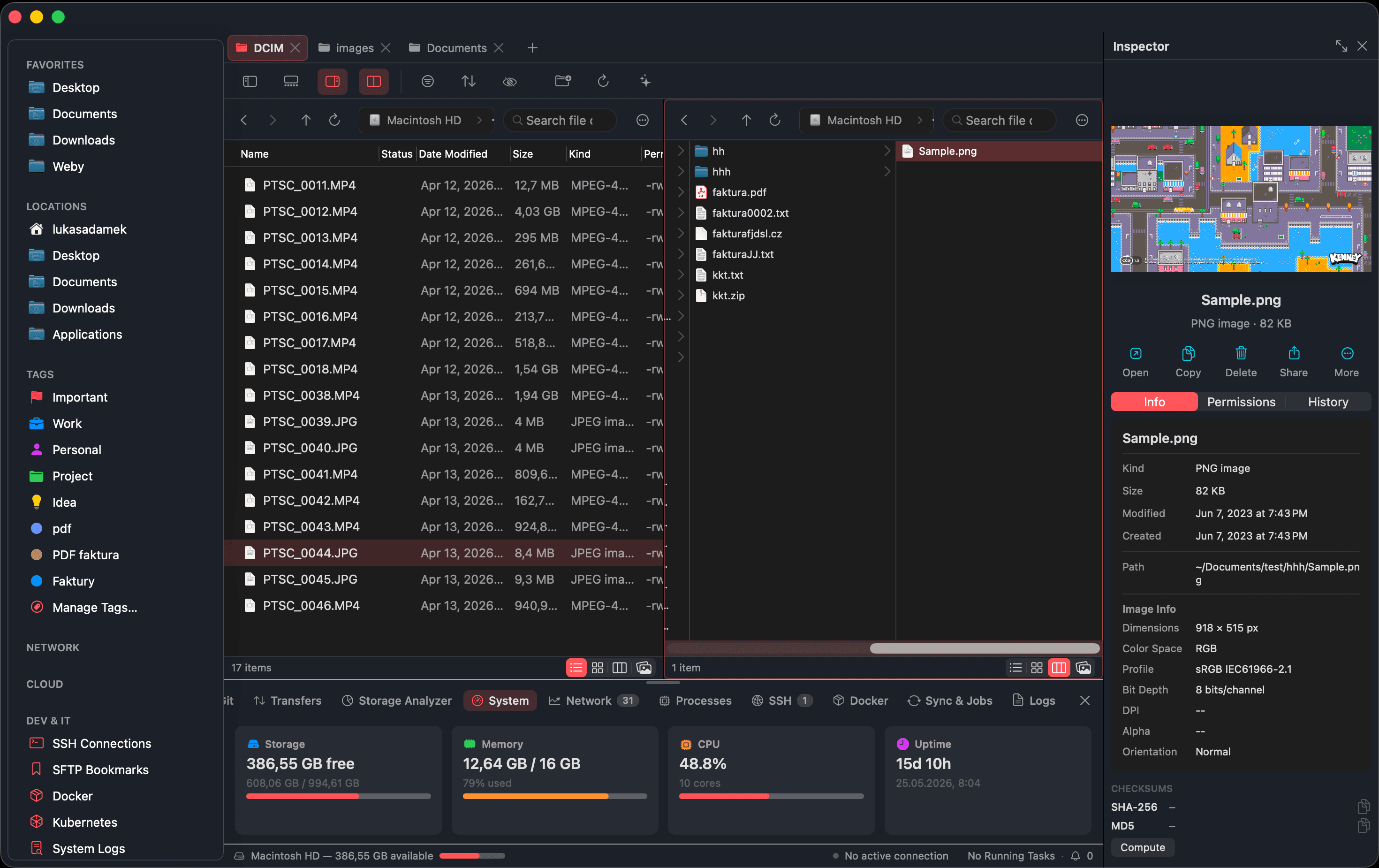 FilenQ main interface — dual-pane browsing with sidebar, inspector and system panel