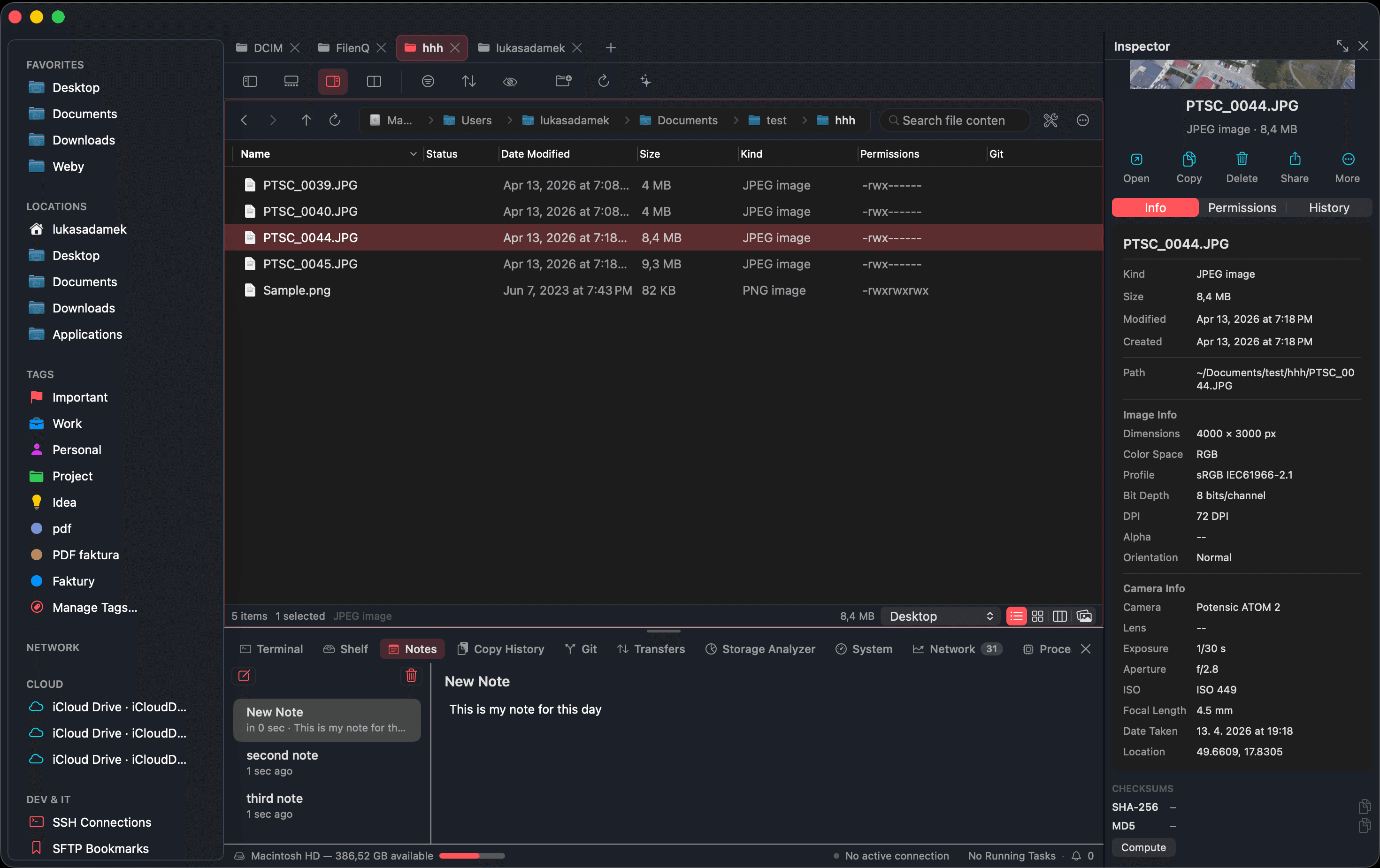 Inspector showing full EXIF metadata next to the built-in notes panel