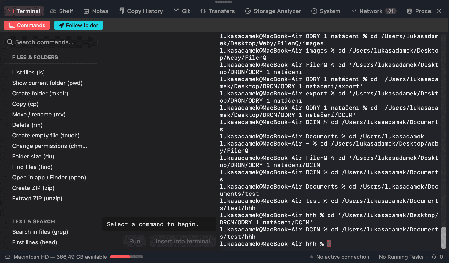 Folder-aware terminal with a click-to-run command palette and follow-folder toggle
