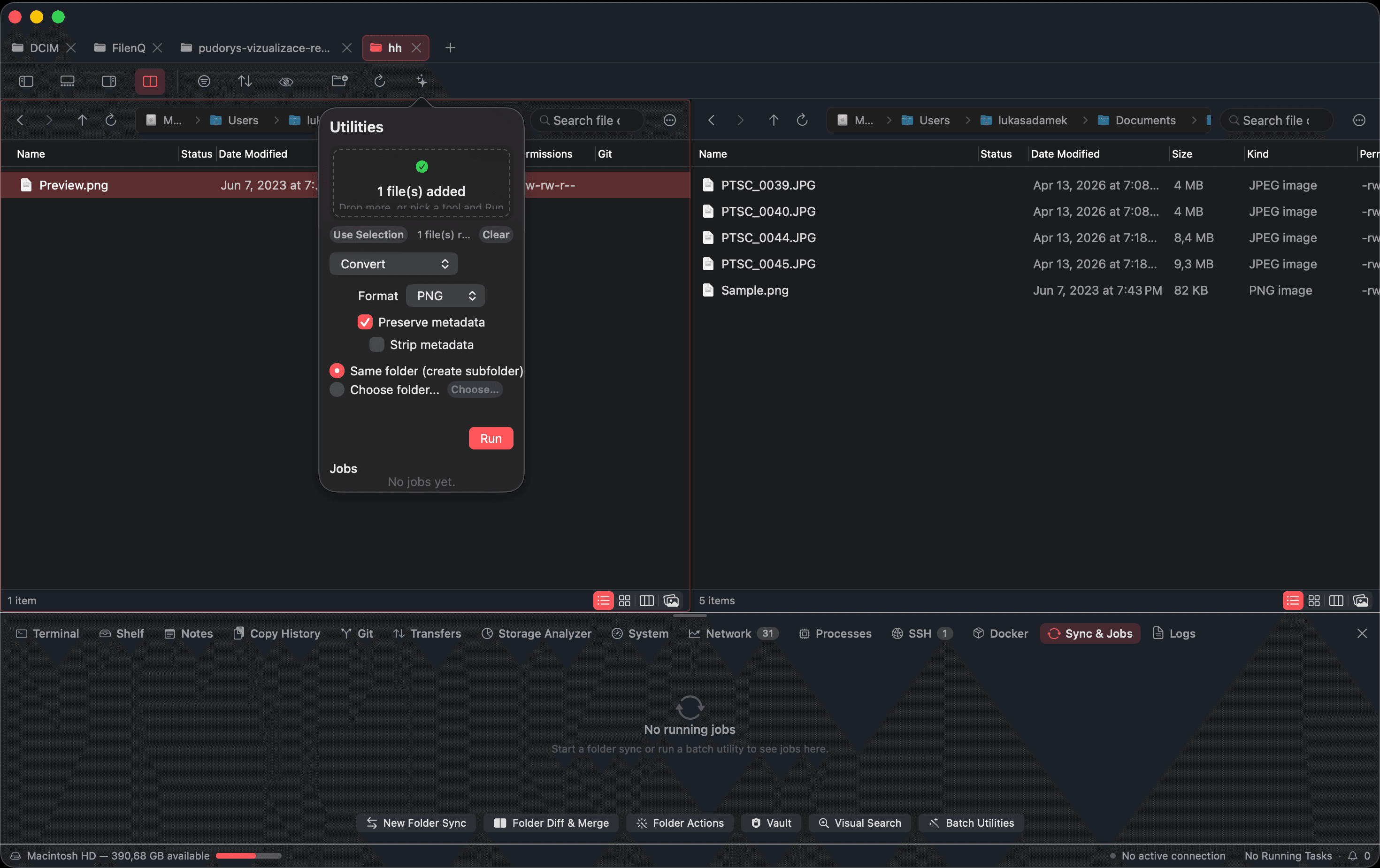 Batch utilities panel converting images, with metadata options and a jobs queue